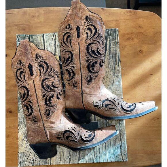 Corral Tan Western Boot Snip Toe Women's Size 8M Inlay Pattern - Picture 9 of 9